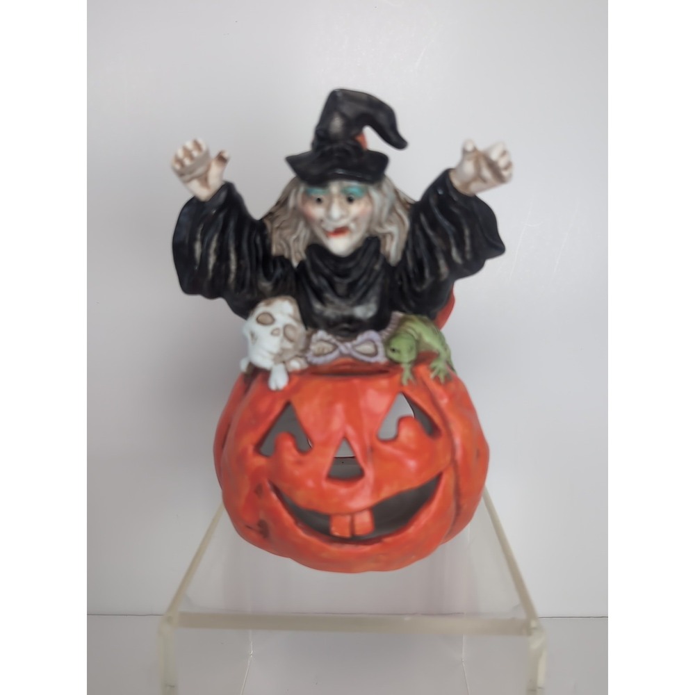 Vintage Halloween Wicked Witch Pumpkin JOL  Candle Votive Holder Lizard Skull 7"